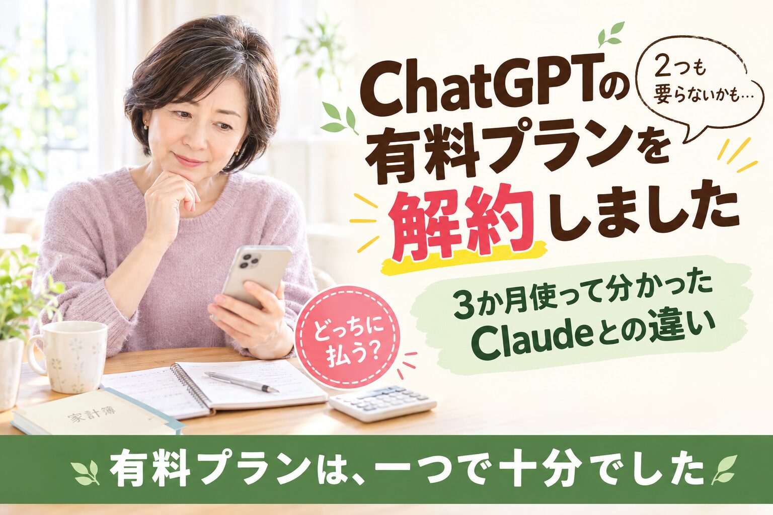 60代の女性がスマートフォンを見ながら、ChatGPTの有料プランを解約するか考えている様子